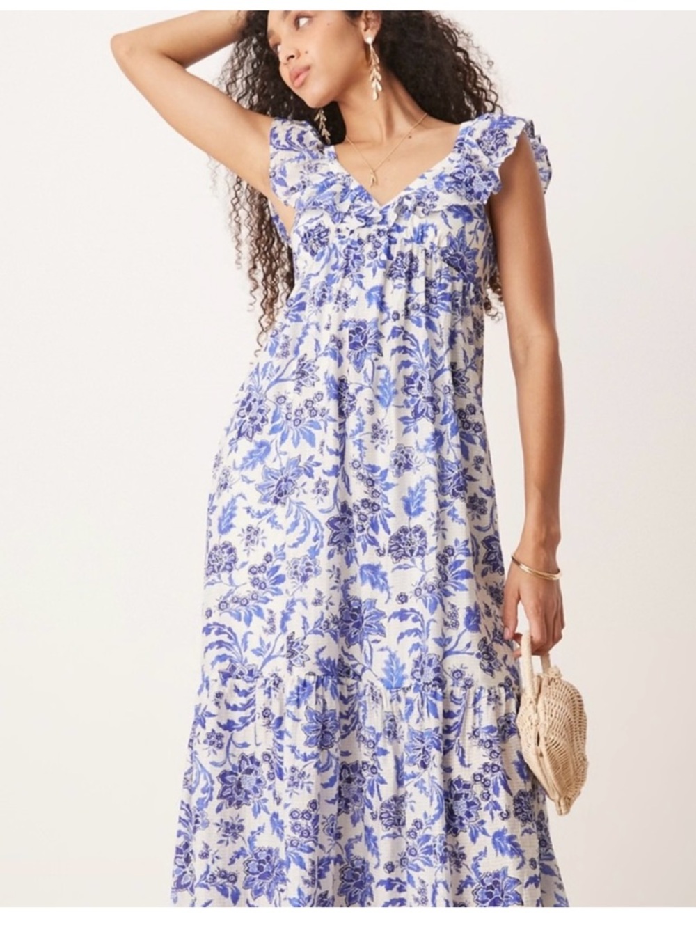 Blue Floral Ruffle-Sleeve Maxi Dress Mango